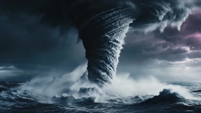 A massive tornado swirls over the dark and stormy ocean