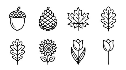 A collection of various plant icons including an acorn, pinecone, leaves, and flowers. © Ram