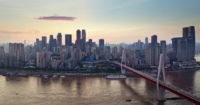 Aerial view of cityscape with Yangtze River and Dongshuimen Bridge in Chongqing, China