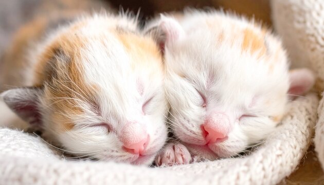 Two newborn kittens resting on soft fabric.