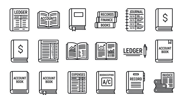 Financial Accounting Icons: Ledger, Books, Records, Invoice, Expenses