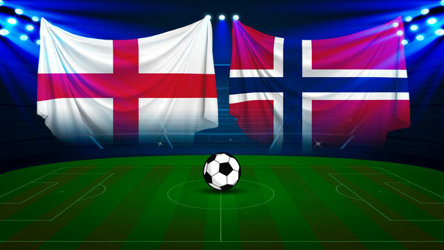 English and Norwegian flags hanging on stadium with soccer ball on green field