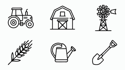 Farm icons including tractor, barn, windmill, wheat, watering can, and shovel © Ram