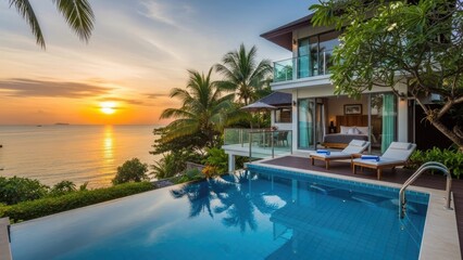 Fototapeta premium Luxury tropical villa with infinity pool at sunset overlooking ocean.