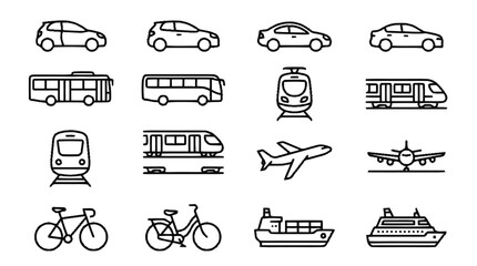 Various transportation icons including cars, buses, trains, airplanes, bicycles, and boats are shown. © Ram