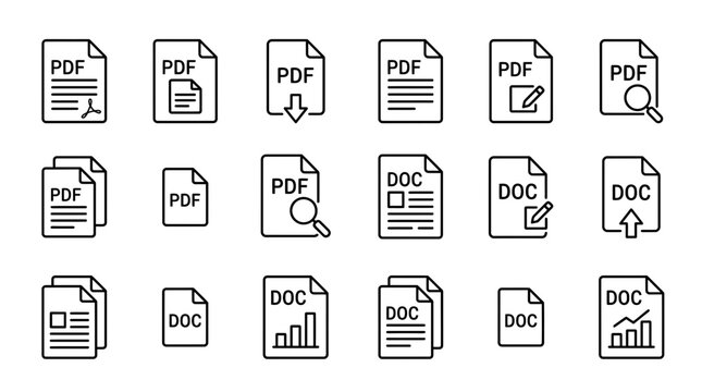Set of PDF and DOC document icons with actions like download, search, edit, upload