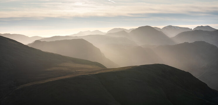 Views from Grasmoor towards High Snockrigg, Robinson, Fleetwith Pike, Haystacks and Great Gable early on a winters morning in Cumbria, Lake District, England UK.