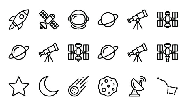 Astronomical icons depicting various celestial objects and space exploration tools in a simple line style