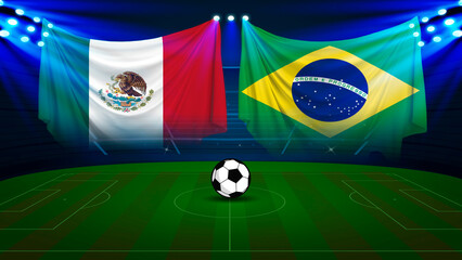 Naklejka premium Mexico and brazil flags hanging on soccer stadium with ball