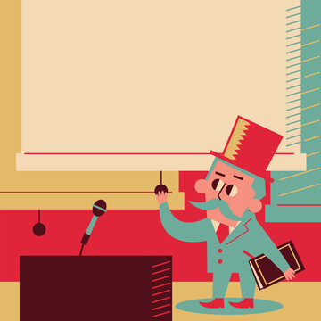 Retro flat vector illustration of a vintage cartoon businessman in a top hat holding a book, giving a presentation with a large empty display board, projection screen, podium, and microphone.