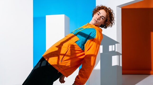 Young Man in Orange Jacket Against Colorful Geometric Background