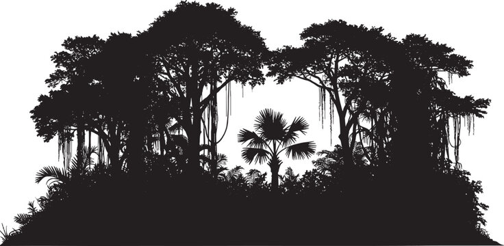 Black silhouette of a dense tropical jungle forest with palm trees and hanging vines isolated on transparent background, Vector