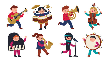 Fototapeta premium Children in colorful costumes playing musical instruments, a lively band of kids with guitar, drums, trumpet, cello, piano, saxophone, and