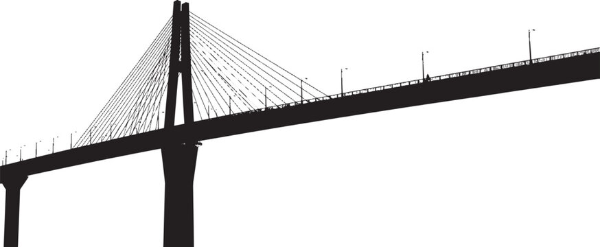 Black silhouette of a cable stayed bridge with tall pylon tower and suspension cables isolated on transparent background, Vector