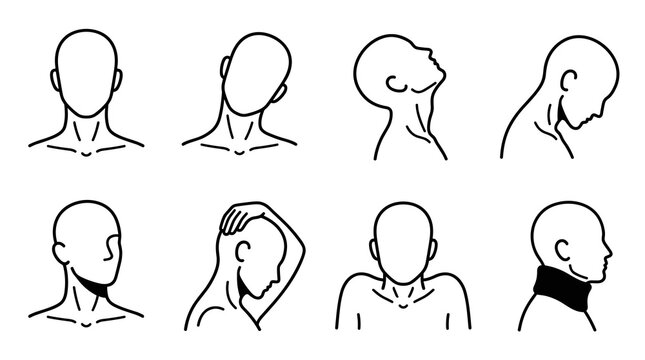 Set of line drawings showing head and neck movements and stretches, isolated on white, exercise and physical therapy guide