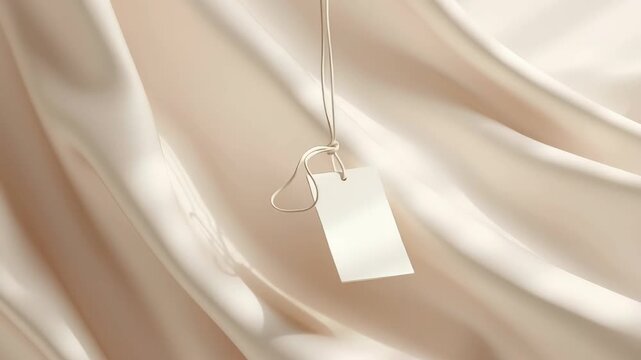 Blank white price tag hanging on soft cream silk fabric, elegant product mockup, minimal retail branding, refined shopping concept.