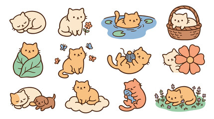 Fototapeta premium Collection of cute, simple kitten illustrations, sleeping, playing with yarn, and in a basket, perfect for children's books and fabric designs