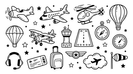Obraz premium Collection of doodle style aviation and travel icons, including airplanes, helicopter, hot air balloon, passport, suitcase, compass, and airport