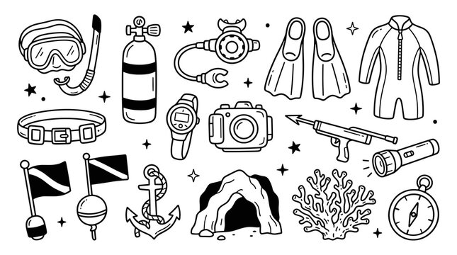Collection of scuba diving equipment and underwater adventure icons, outline style, including mask, snorkel, fins, wetsuit, tank, regulator, camera