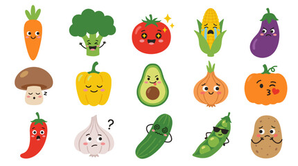 Fototapeta premium Collection of vegetables with cute faces and expressions, depicting various emotions, isolated on a white background