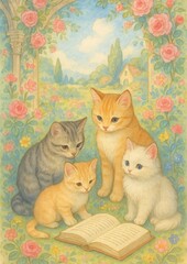 Obraz premium Whimsical cats in floral garden.