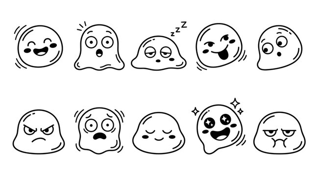 Set of ten cute blob monsters with different facial expressions and emotions, hand-drawn doodle style, isolated on white, great for stickers or icons
