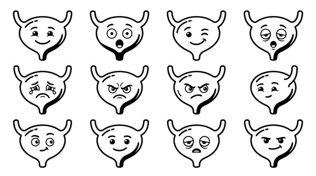 Set of cartoon bladders with different facial expressions, medical icons for health and wellness, each bladder character expressing joy, sadness