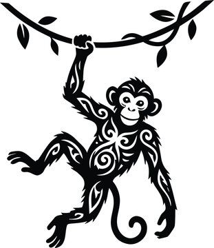 Monkey Tribal Silhouette Hanging on Tree Branch Decorative Wildlife Vector IllustrationMonkey Tribal Silhouette Hanging on Tree Branch Decorative Wildlife Vector Illustration