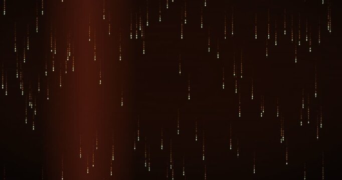 Animated matrix rain video displays amber terminal hexadecimal code symbols falling slowly in single-plane streams, enhanced by a soft neon bloom effect.