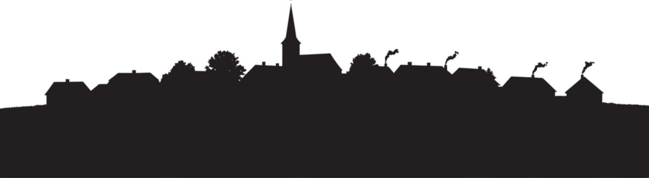 Black silhouette of a small village with a church tower and houses with chimneys isolated on transparent background, Vector