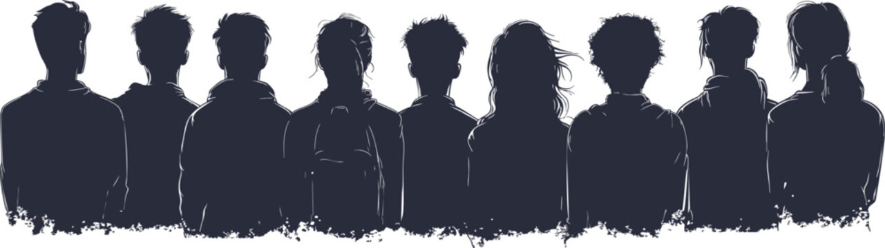 A group of people, seen from behind. Crowd of people vector silhouette. Audience, spectators, students. Isolated people.