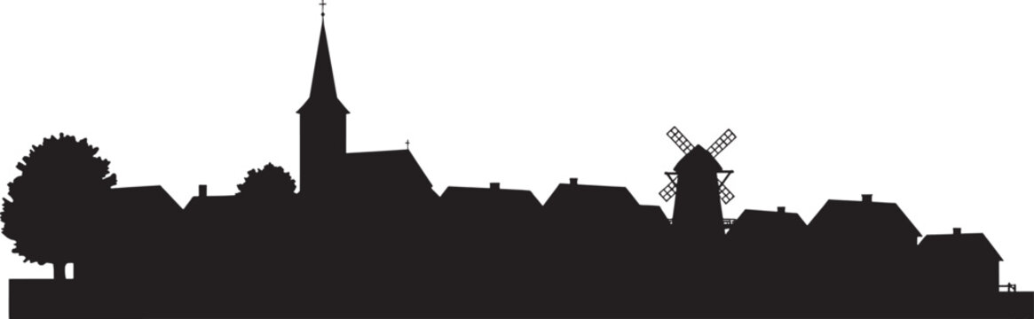 Black silhouette of a small village with a church and a windmill isolated on transparent background, Vector