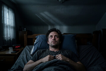 Fototapeta premium Person lies in bed awake in a dark room at 3:34 AM with light coming through the window
