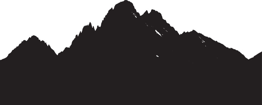 Black silhouette of a large mountain range with jagged rocky peaks isolated on transparent background, Vector