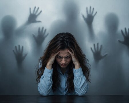 Woman suffering panic attack with shadow hands behind frosted glass.