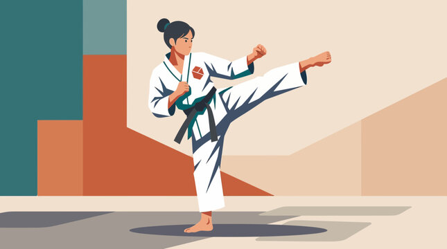 Female Karate Athlete Performing High Kick in Studio