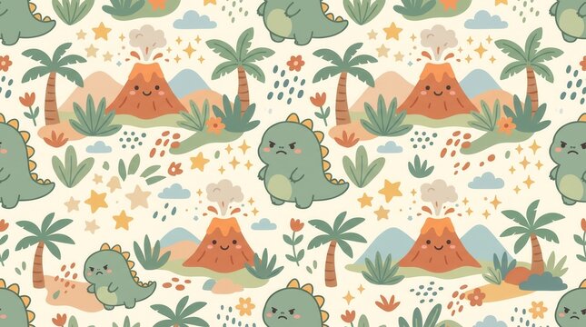 Cute cartoon pattern of angry dinosaurs, happy erupting volcanoes, and palm trees