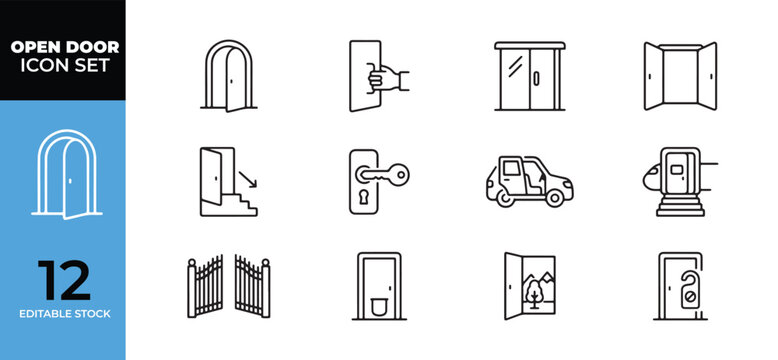 Open door icon set for architectural entryways and access concepts white background and color black with architecture building entrance interior exterior white background and color black