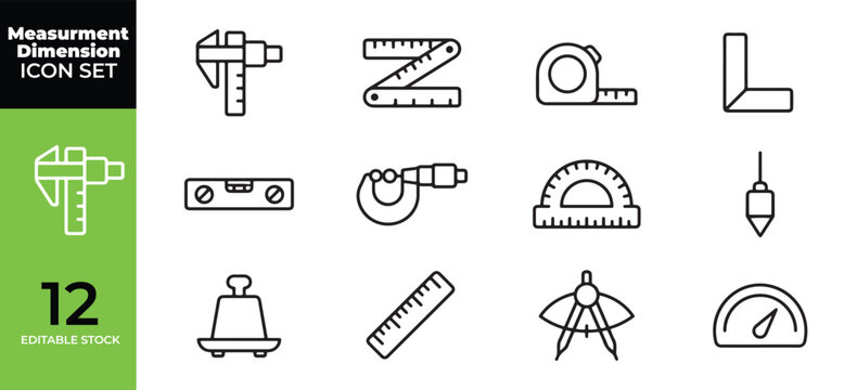 Measurement and dimensions engineering icon set for precise technical tools white background and color black with measurement dimension engineering white background and color black