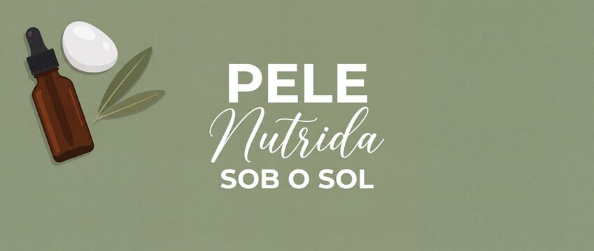 Natural skincare serum bottle illustration banner with Portuguese text pele nutrida sob o sol olive leaves and minimalist dropper on green background for organic cosmetics beauty brand marketing.