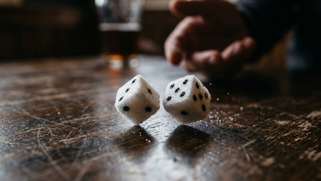 Close-up of two white sugar cubes with dots shaped like game dice rolling on a wooden table thrown by a man. Blood glucose level measurement and diabetes risk concept