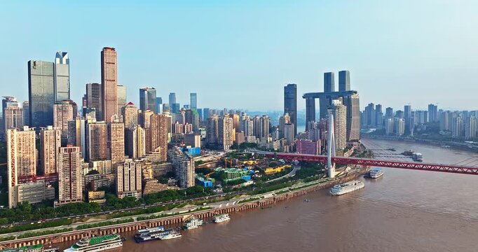 Aerial view of modern city skyline and bridge over the Yangtze River in Chongqing, China