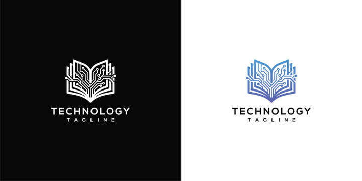 Technology Book Logo with Circuit Board Pattern and Binary Code for Digital Learning