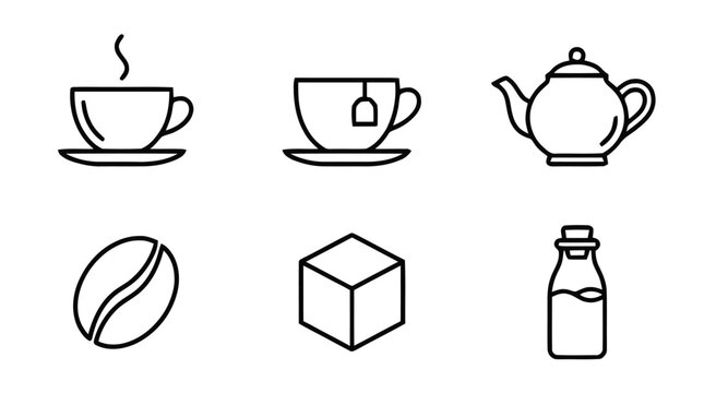 Illustration of coffee cups, teapot, coffee bean, sugar cube, and milk bottle icons