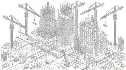 Fototapeta premium Busy urban construction site with skyscrapers and cranes line art