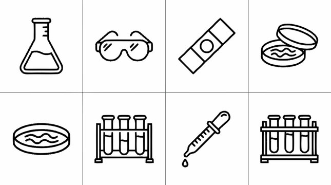 Lab equipment icons including beaker, goggles, petri dish, test tubes and dropper on a table