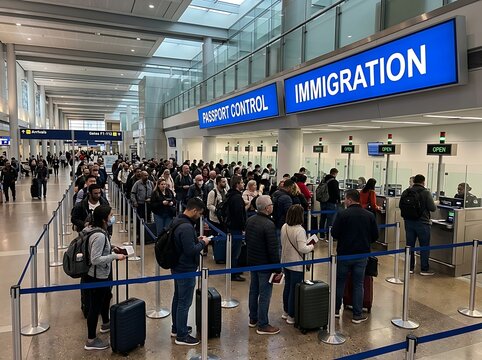 Busy airport immigration and passport control area with travelers waiting in long lines with luggage