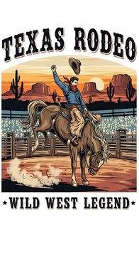 Vintage Cowboy Riding Bucking Horse in Texas Rodeo Desert Scene