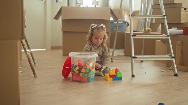 Little blonde girl sits on floor playing with colorful plastic blocks and clear bucket among moving cardboard boxes and ladder in building; playful curiosity.