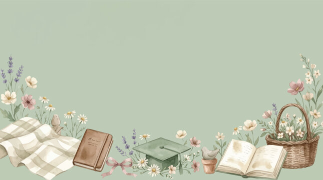A charming watercolor illustration of graduation elements and floral decorations on a soft green background, perfect for educational themes.